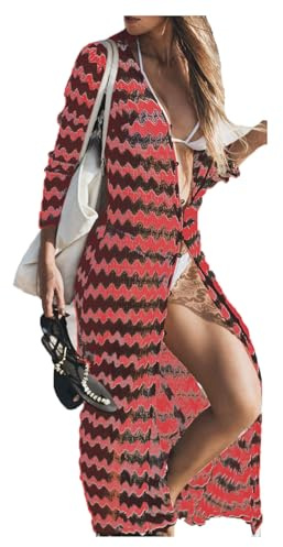 NLAND Vestido de Playa de Encaje para Mujer Vestido Playero de Manga Larga a Rayas Cárdigan de Playa de Punto Largo para Mujer(Negro+Rojo,Talla única)