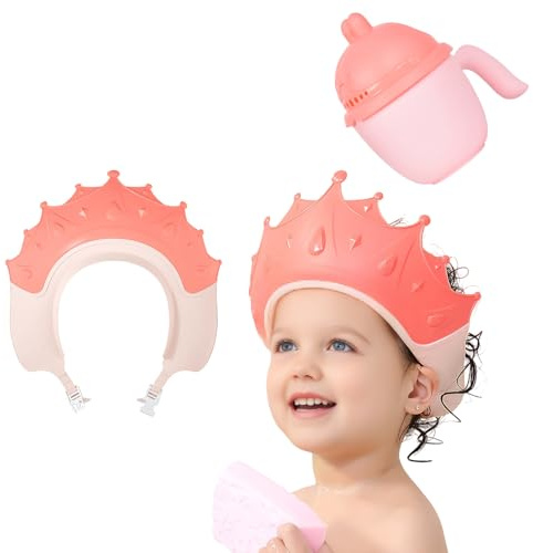 Baby Shower Cap for Kids with Bath Rinse Cup, Adjustable Toddler Hair Washing Shield Hat Baby Bath Visor Shampoo Hat for Toddlers 6M-9T (Pink)