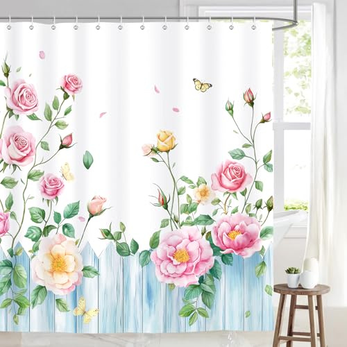 Dazzlewall Tenda Doccia Floreale, Rose Rosa Recinto Giardino Blu Tenda per Doccia da Bagno Impermeabile 180x180cm, Antimuffa Tessuto Poliestere con 12 Ganci