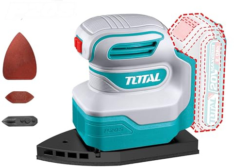 TOTAL - Levigatrice Delta a batteria | Batteria da 20V a lunga durata | Facile da usare | Include 3 tamponi e 3 carte abrasive Delta | Perfetta per angoli e bordi | Velocità a vuoto 12.000 giri/min