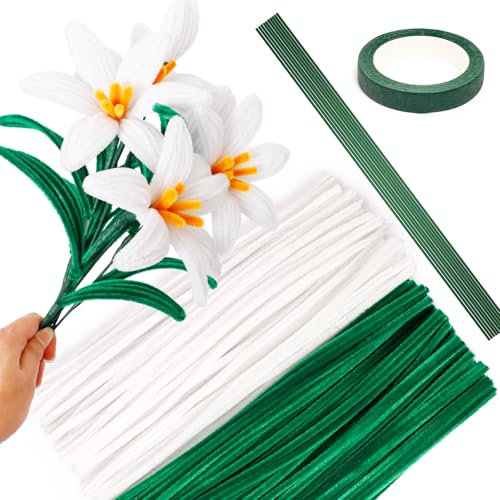 Lilieblumen - Lot de 200 cure-pipes - Fil chenille pour bricolage - 30 cm de long - Vert et blanc - Avec ruban et bâtonnets de fleurs - Pour bouquet de fleurs