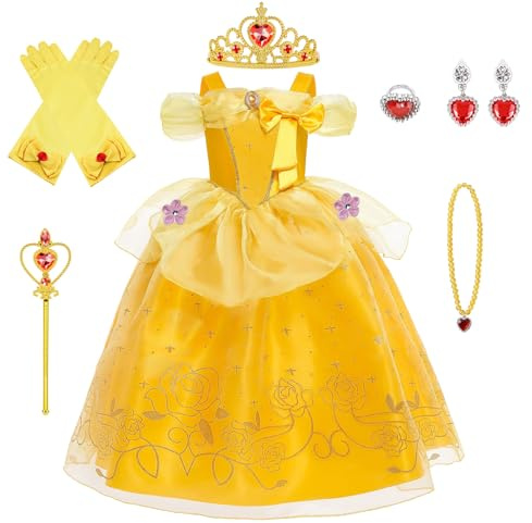 BSBUY Déguisement de Princesse Belle, Fille Robe de Princesse Belle avec Accessoires, Robe de La Belle et La Bête Enfant, Princesse Costume Enfant pour Anniversaire Fête Partie Carnaval Cosplay