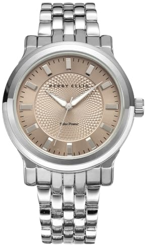 Perry Ellis Solar Men’s Watch –Sand-Tone Textured Dial, Silver Alloy Band, Water-Resistant Analog