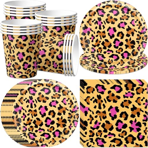 pekifaves Set di stoviglie di Ghepardo per 16 ospiti, Leopard piatti di carta, Leopardo tovaglioli e tazze per feste di compleanno, per tema safari nella giungla