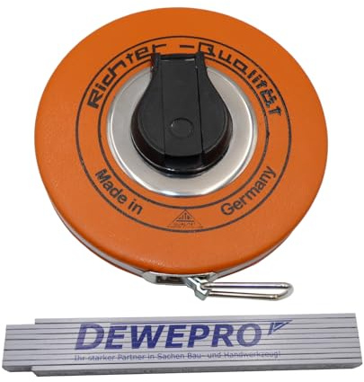 Richter Stahlbandmaß 30 m – Millimeter-Duplexteilung – 13 mm breit – Stahlband weiß lackiert in Platalkapsel mit Kunststoffüberzug – Maßanfang B (direkt am Beschlag) – inkl. DEWEPRO Zollstock 2 m