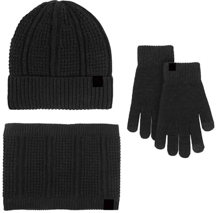 Generisk kvinnor och män vinter varm söt ull hatt halsduk handskar tre stycken vinter snö stickad mössa skärm vantar halsdukar set stickad, svart, one size