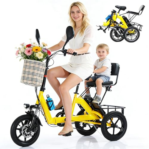 Triciclo Elettrico Pieghevole,E-Bike a 2 Posti,Batteria 48 V 10 Ah,Bicicletta Elettrica a 3 Ruote Con Display LCD,Autonomia Fino a 45 Km, Triciclo per Adulti E Genitori,Portata Massima: 180 Kg Yellow