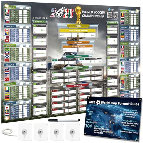 FZIIVQU Calendario Mondiali 2026 Aggiornato con QR Code per Risultati Live, 84x59 cm Poster Grande Formato, Caratteri Grandi per Tutte le Età, Regalo Festa del Papà per Casa, Bar, Ufficio (UTC-4)