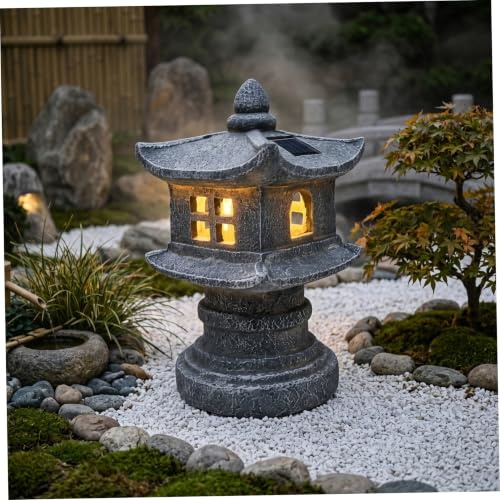 Faticenic Pagoda trädgårdsstaty, japanska sollyktor, soldriven Pagoda trädgårdsstaty, japansk stenlykta i harts för utomhusgräsmatta, uteplats, dekor, grå, stenlyktor