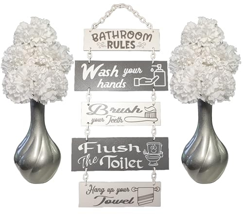 Bathroom Ornaments COMBO - Black and White, 2 x Vase with Silk Flowers + Hanging Bathroom Rules Sign.