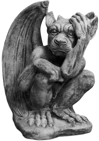 gartendekoparadies.de Gargoyle der Nachdenklich, Steinfigur, H. 43 cm, 23 kg, Grau, frostsicher aus Steinguss für Außenbereich