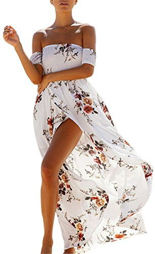 Femmes Bohème Longue Maxi Robe de Plage Robes Bustier été Floral Imprimé 3/4 Manche Robe Col Badeau Taille Grande (082-blanc, M)