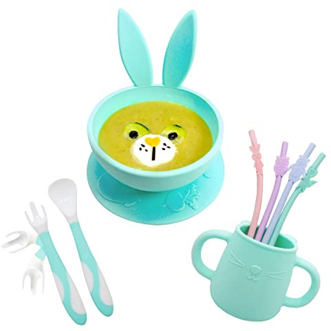 BRUNOKO Tazones para bebés con ventosa Set de taza y cuenco en verde para bebé - Incluye 1 cuenco, 1 taza, tenedor/cuchara y 4 pajitas - Primera vajilla bebé - Apto para lavavajillas y microondas