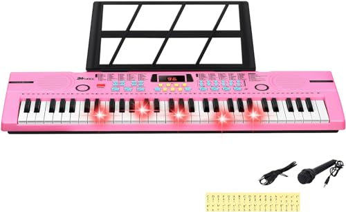 24HOCL 61-Key-Tastatur-Klavierset, Elektronisches Musical Digitalpiano 100 Rhythmen LCD Bildschirm für Kinder Erwachsene Anfänger Lighted Keys_1 Rosa