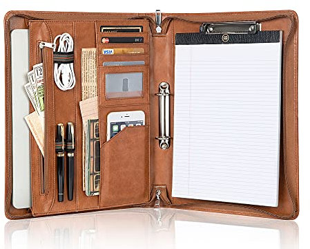 Calfinder Konferenzmappe Ringbuchmappe A4, 2 Ringbinder Schreibmappe/Businessmappe, Mikrofaser Schreibmappe mit a4 Notizblock, Reißverschluss Aktentasche, Dokumentenmappe für Mann/Frau