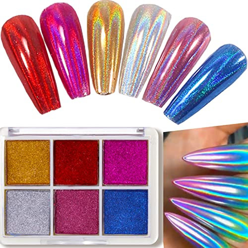 Holographic Holo Chrome Nail Powder - 6 Colours Chrome Pigment Powder for Nails, Silver Green Red Yellow Blue Metallic Iridescent Nail Glitters Powder Set DIY Nail Manicure