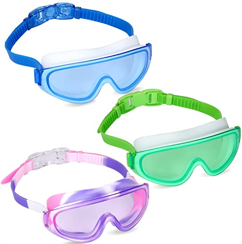 Yizerel 3 Pack Kids Swim Goggles, Swimming Glasses with One-Piece Wide Vision Lens for Children and Early Teens from 3 to 15 Years Old, Anti-Fog, Waterproof, UV Protection (Set of 3)