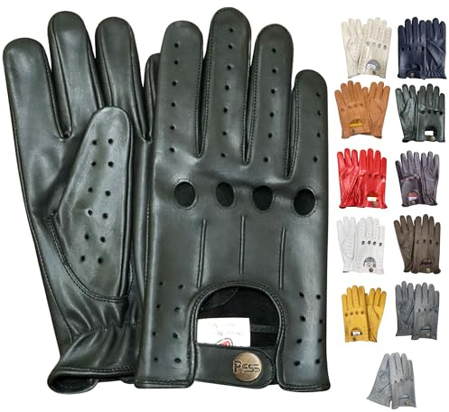 PSS Lederhandschuhe Autofahren Herren Männer Fahrer Lenkrad Chauffeur Handschuhe echtes Leder Autohandschuhe mit Loch Atmungsaktive ohne Futter Sommer Winter, Ref 507, Schwarz Größe L