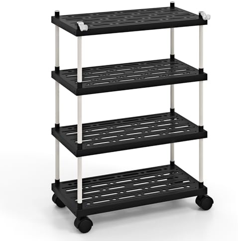 TANGZON 4-Tier Storage Trolley, Rolling Kitchen Storage Cart with Wheels & Hooks, Space-Saving Utility Slim Shelving Unit Organiser for Home Office Living Room Bedroom Bathroom Laundry
