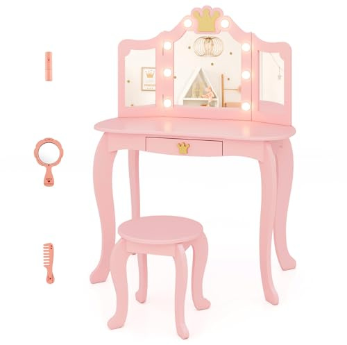 COSTWAY Sminkbord för barn med belysning, toalettbord för flickor med tredubbel vikbar spegel och låda, sminkbord av trä med pall, sminkbord för barn från 3 år (rosa)
