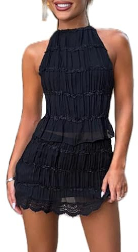 Two Piece Skirt Sets for Women Backless Halter Tie Top Flowy Smocked Mini Skirt Y2k 2 Piece Going Out Outfit (A-Black, M)