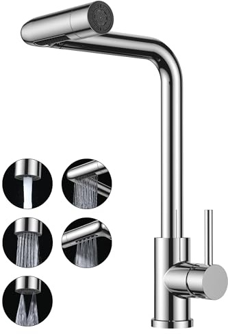 FORIOUS Grifo Cocina Extraíble, Grifo Cocina Fregadero con 5 Modos de Chorro, Acero Inoxidable Giratorio 360°, Monomando Para Agua Caliente y Fría Torneira de Cozinha, Cromo Pulido