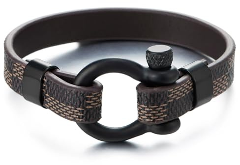 COOLSTEELANDBEYOND Acero Tornillo Grillete del Ancla, Pulsera del Negro Marrón Patrón Cuero Hombre Mujer, Náutico Marinero Tejido