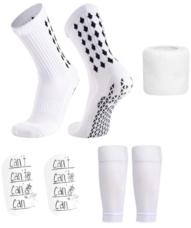 perfeclan Calcetines de fútbol, espinilleras elásticas con mangas, equipo de protección profesional transpirable, almohadillas para correr, senderismo, hombres, Blanco