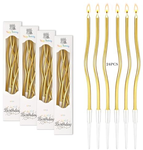 24 velas de cumpleaños doradas, largas velas de cumpleaños con soporte – elegantes velas curvadas para tartas, para cumpleaños, bodas, fiestas, baby shower, Navidad