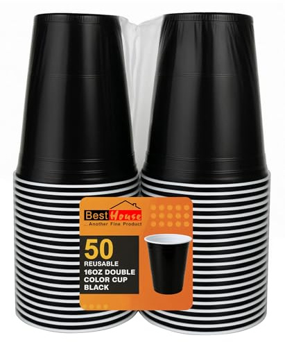BH | Black Plastic Cups | 16oz | 470 ml | 50-Pack | Party Cup, Drinking Cup for Party, Events, Everyday, Christmas, Games, Wedding and Picnics, Reusable & Recyclable Drinking Cups - by Best House