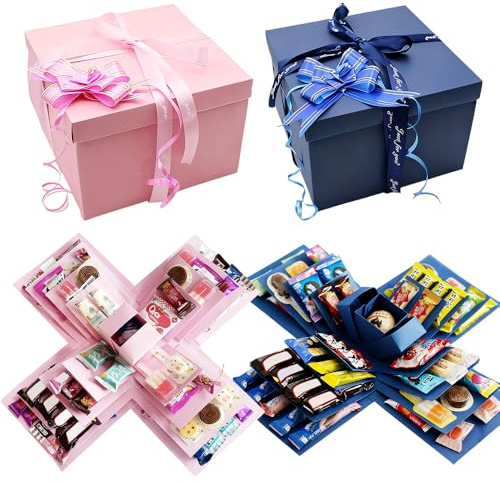 2 PCS Explosion Box, 5 Layer Explosion Gift Boxes, DIY Surprise Box with Tape and Bow Ribbon, Christmas Explosion Boxes for Anniversary Festival Record Memories (Blue + Pink)