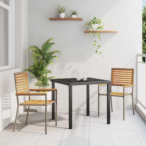 Hoopleep Trädgård, stapelbara stolar, set om 2, bruna, grå, akaciaträ, armstöd, UV-resistenta, väderbeständiga, metallram, utomhus, matsal, stolar för terrass, balkong