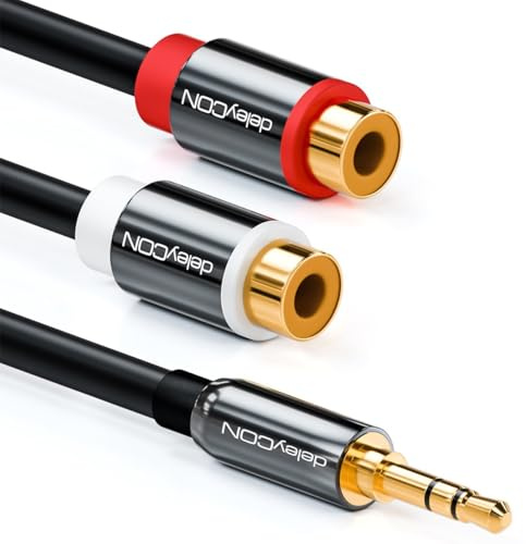 deleyCON 1m Cavo Audio Stereo - Da Jack 3,5 mm Maschio a 2 Prese RCA Femmina - Struttura in Metallo - Connettori Placcati Oro - Nero