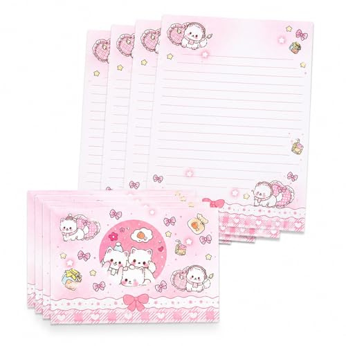 8Pcs Cute Writing Paper and Envelopes, Pink Letter Writing Set with Bow & Puppy Design, Letter Paper and Envelopes Sets for Women Girls Letters, Poetry, Invitations, Greeting, Thank You