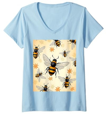 Women's Pattern Beekeeper Beekeeping Flower Floral Honey Bee V-Neck T-Shirt