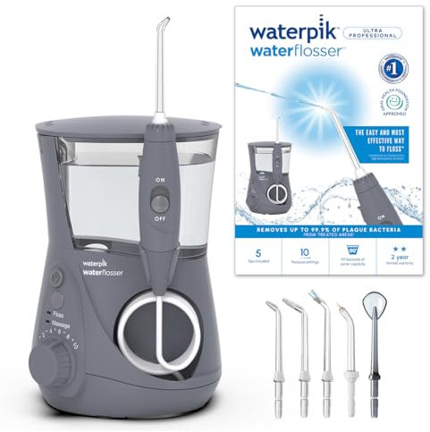 Waterpik Water Flosser Ultra Professional, Testsieger 2024, Precision Pulse Technology, TÜV Siegel, bis zu 99,9% Plaque Entfernung, 7x Aufsätze, 10 individuelle Modi, integrierter Timer, Grau