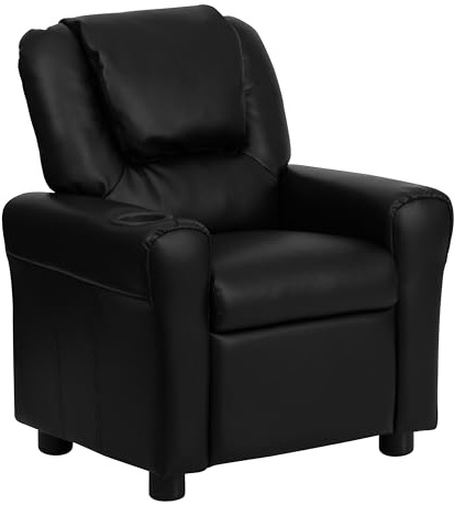 Flash Furniture Vana LeatherSoft Kids Recliner with Cup Holder, Headrest, and Safety Recline, Contemporary Reclining Chair for Kids, Supports up to 90 lbs., Black