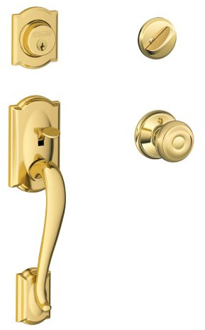 Schlage Camelot Single Cylinder Handleset and Georgian Knob, Bright Brass (F60 CAM 505 GEO 605)