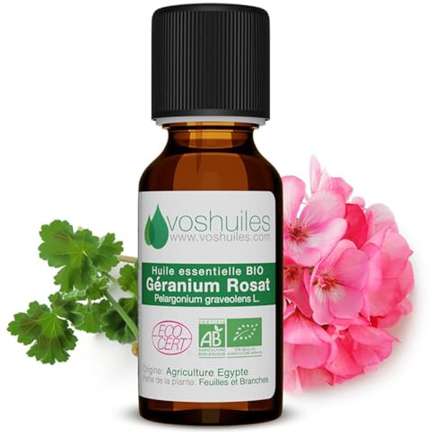 Voshuiles - Huile Essentielle Géranium Rosat Bio 20ml - Parfum Frais Fleuri - Nombreuses Vertus et Applications - Huiles Essentielles de Qualité - 100% Pure et Naturelle - HEBBD et Certifiée ECOCERT