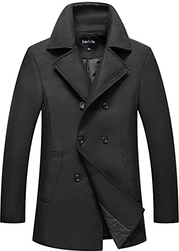 chouyatou Men's Classic Notched Collar Double Breasted Wool Blend Pea Coat (XX-Large, Black)