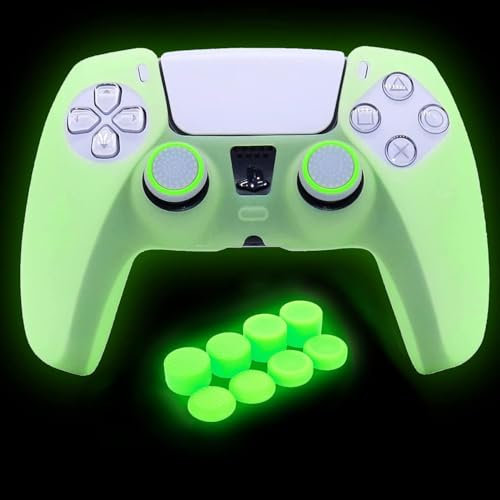 HLRAO Grün Controller Skin Silikon Grip Glow in The Dark Schutzhülle Kompatibel mit PS5/Slim/Pro Controller + 8 FPS PRO Daumengriffe und 2 Stück Kappen.