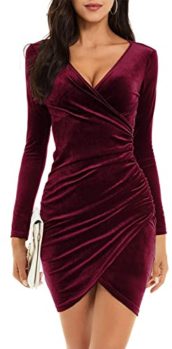 Niwicee Womens Dress Velvet Ruched Bodycon Dress V Neck Long Sleeve Wrap Dresses Mini Prom Dress Ladies Elegant Evening Dress Cocktail Party Midi Dresses(Wine Red,XL)