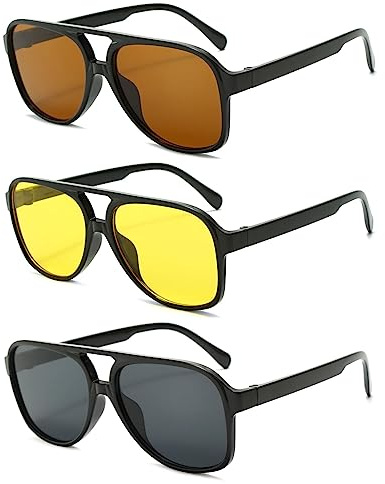 YAMEIZE 3 Pack Occhiali da Sole Retrò Oversize - a Doppio Ponte per Donne Uomo Vintage Pilot Quadrato Visione Notturna Occhiali di Protezione UV400 per la guida