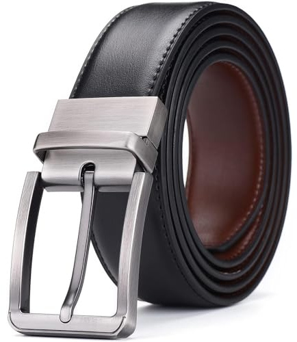 CINTURONTOP Cinturón liso reversible de cuero, Cinturón de cuero dos en uno, Cinturón de vestir reversible, Cinturón de cuero con hebilla reversible, Ancho 3,5cm, Negro y marrón, 125cm