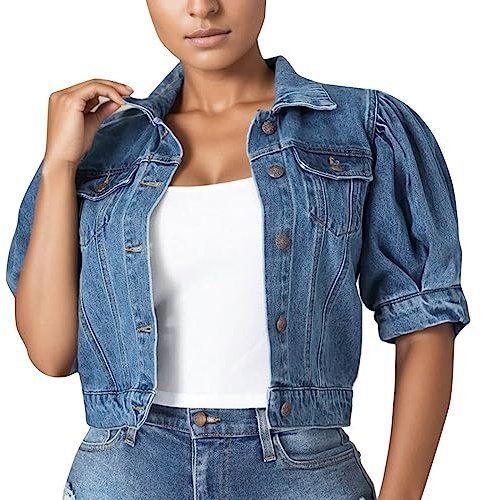 KBOPLEMQ Chaqueta vaquera para mujer, con cuello de solapa, abrigo de manga corta extragrande, vaquero lavado, estilo motociclista, chaqueta de manga de burbuja, abrigo vaquero, abrigo recortado para