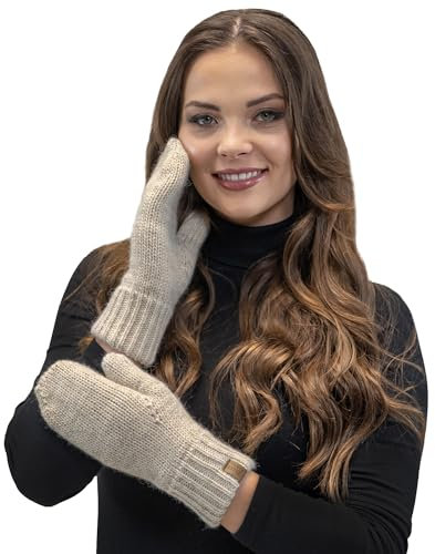 VIVISENCE Dam vinter knythandskar av värmande garn med breda stickade manschetter, handskar mysig snygg mönsterlös design för kalla vinterdagar höstmodell 7015, Beige, En Storlek