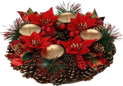 Bambelaa! Künstlicher Adventskranz mit 4 Kerzenhaltern in Gold - Geschmückt Tannenzapfen, Weihnachtssterne, roten Beeren