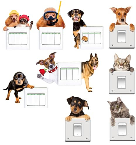 Niedliche Katze Hund Wandaufkleber, 11 Stück Schalter-Aufkleber Hund Katzen, Katze Hund Cartoon Wandaufkleber, Lustige Wandtatoos, für Lichtschalter oder Steckdose Wandsticker, Mehrfarbig