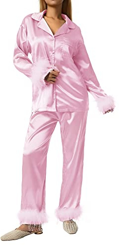 Ensemble de pyjama en satin de soie avec bordure de plumes pour femmes, 2 pièces avec boutons, chemise à manches longues + pantalon long, vêtements de nuit et vêtements d'intérieur, A - Rose, S
