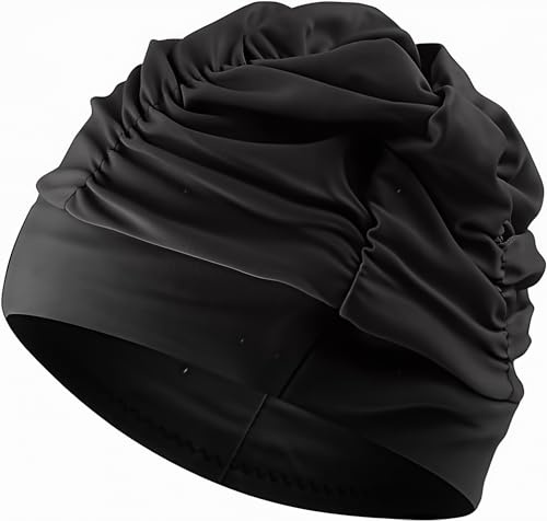 Swim Cap Women Adult Comfortable Fit Stylish Design for Pool Stay SecureFashionab Fabric Swim Caps for Women Swimming for Cloth Pleated Elastic Comfort Bathing Hats Keep Hairstyle Unchang (Black)
